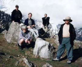 The Gangkyi Wide Web team at Triund. From left to right in back row: Rick Schneider, Dan Haig and Stefan Lisowski; and from left to right front row: Jack Burris and Ari Salomon.